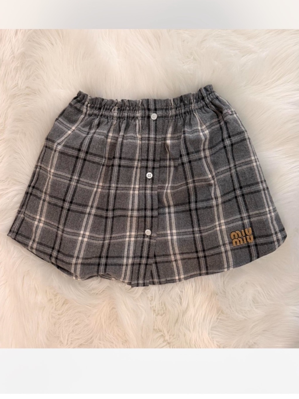 Miu Miu Gray Plaid Button-Front Mini Skirt with Logo